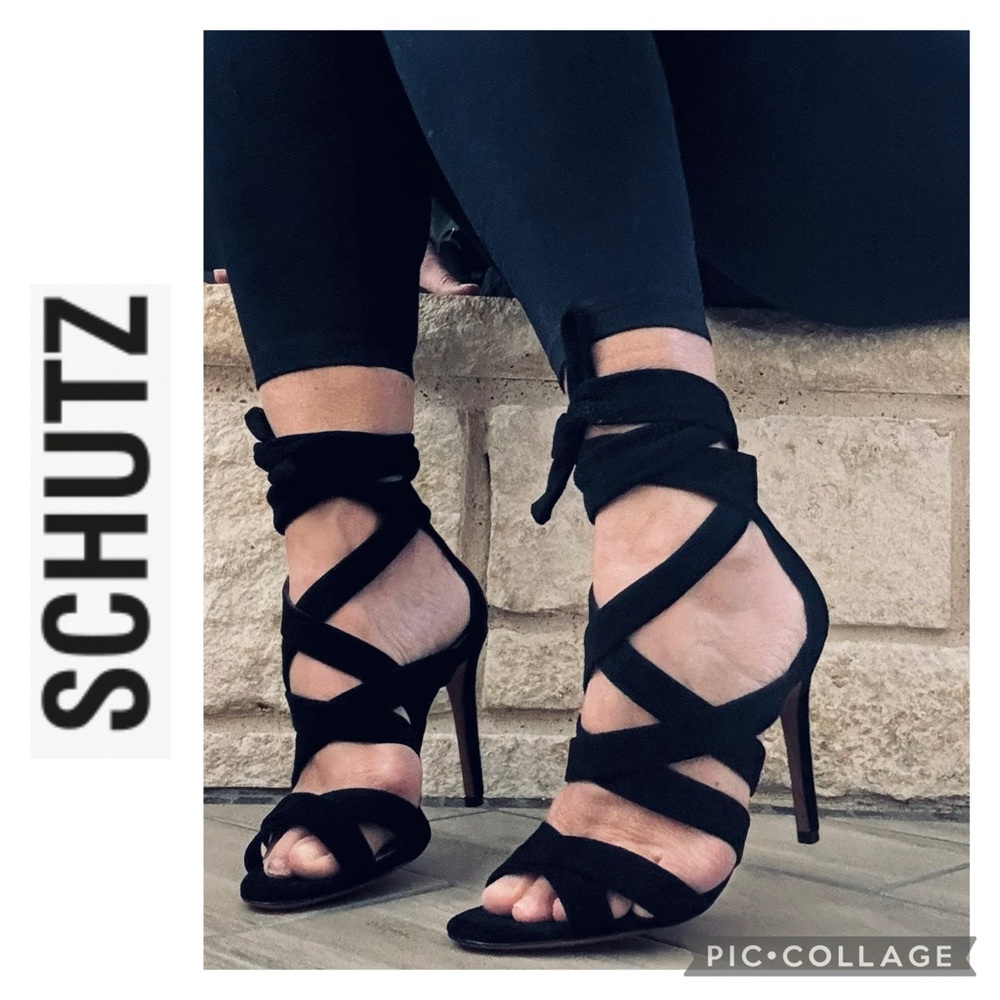 SCHUTZ Black Strappy Suede Lace-Up Heels